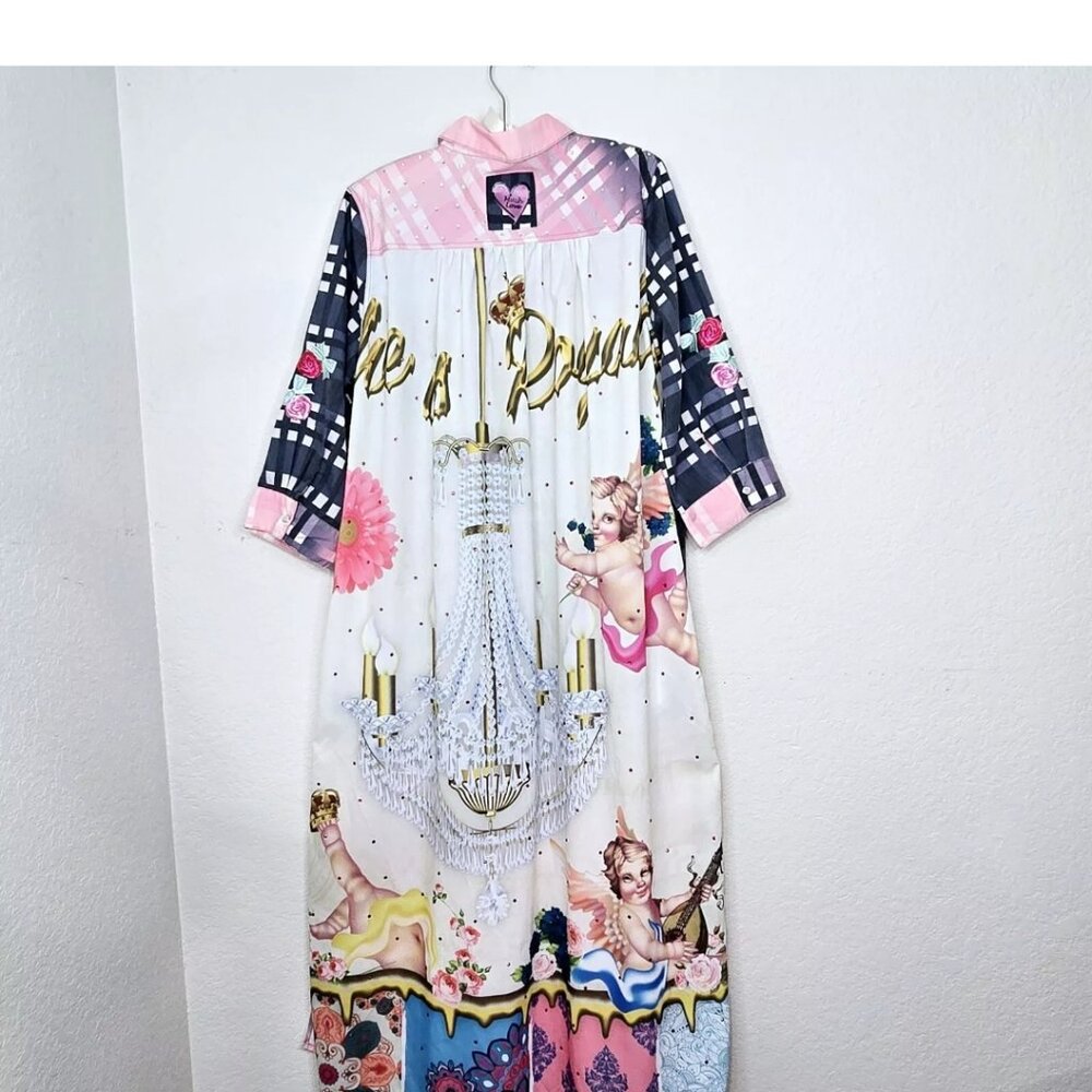 Fat Rat Family Pearl Snap Duster One Size Chandelier Checks Roses 3/4 Sleeve Top
